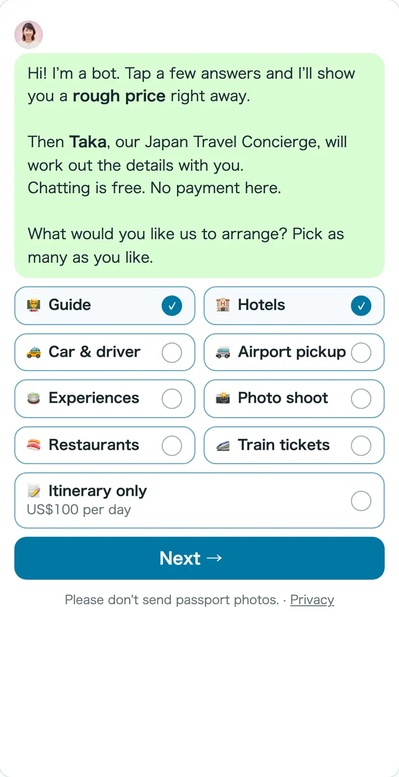Chat screen: pick what you want us to arrange