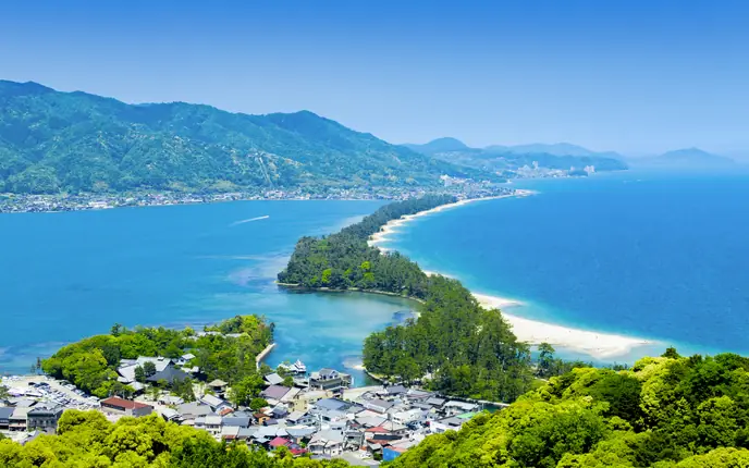 Amanohashidate and the blue sea from above