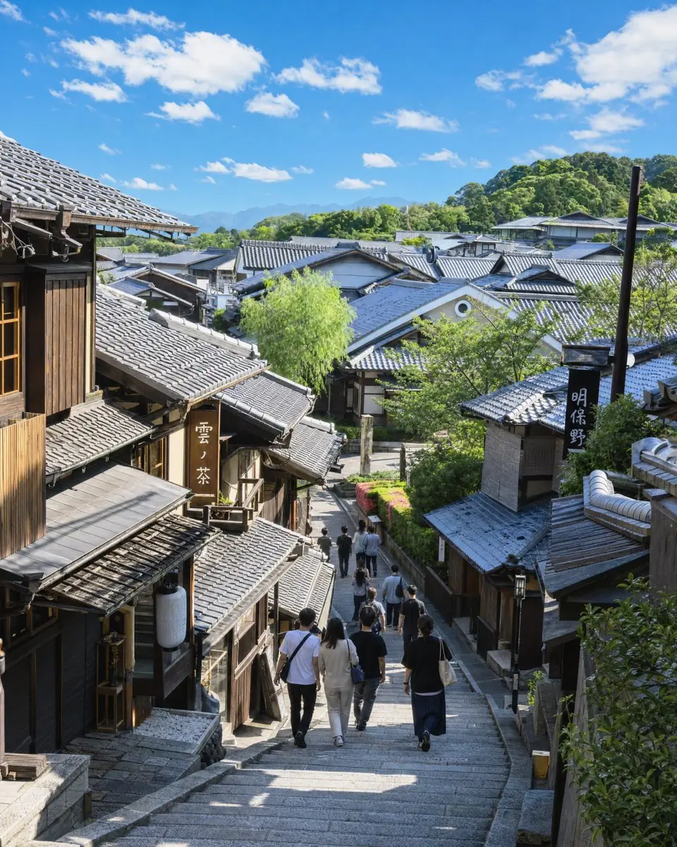 Wooden houses lining the stone steps of Sannenzaka