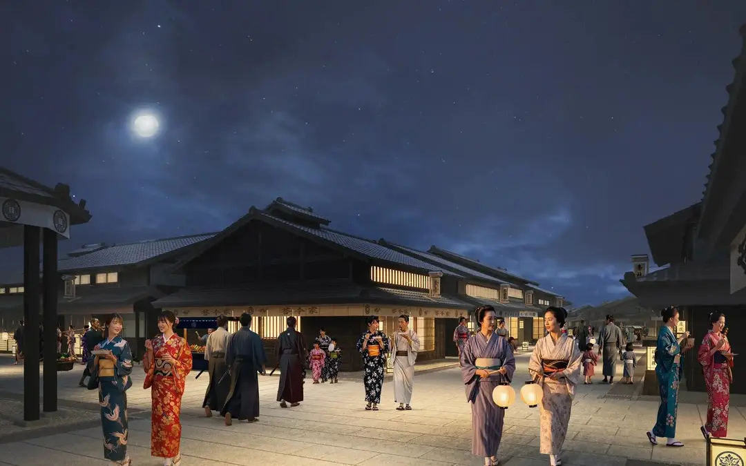 Rendering of the Edo street at Uzumasa Kyoto Village lit up at night