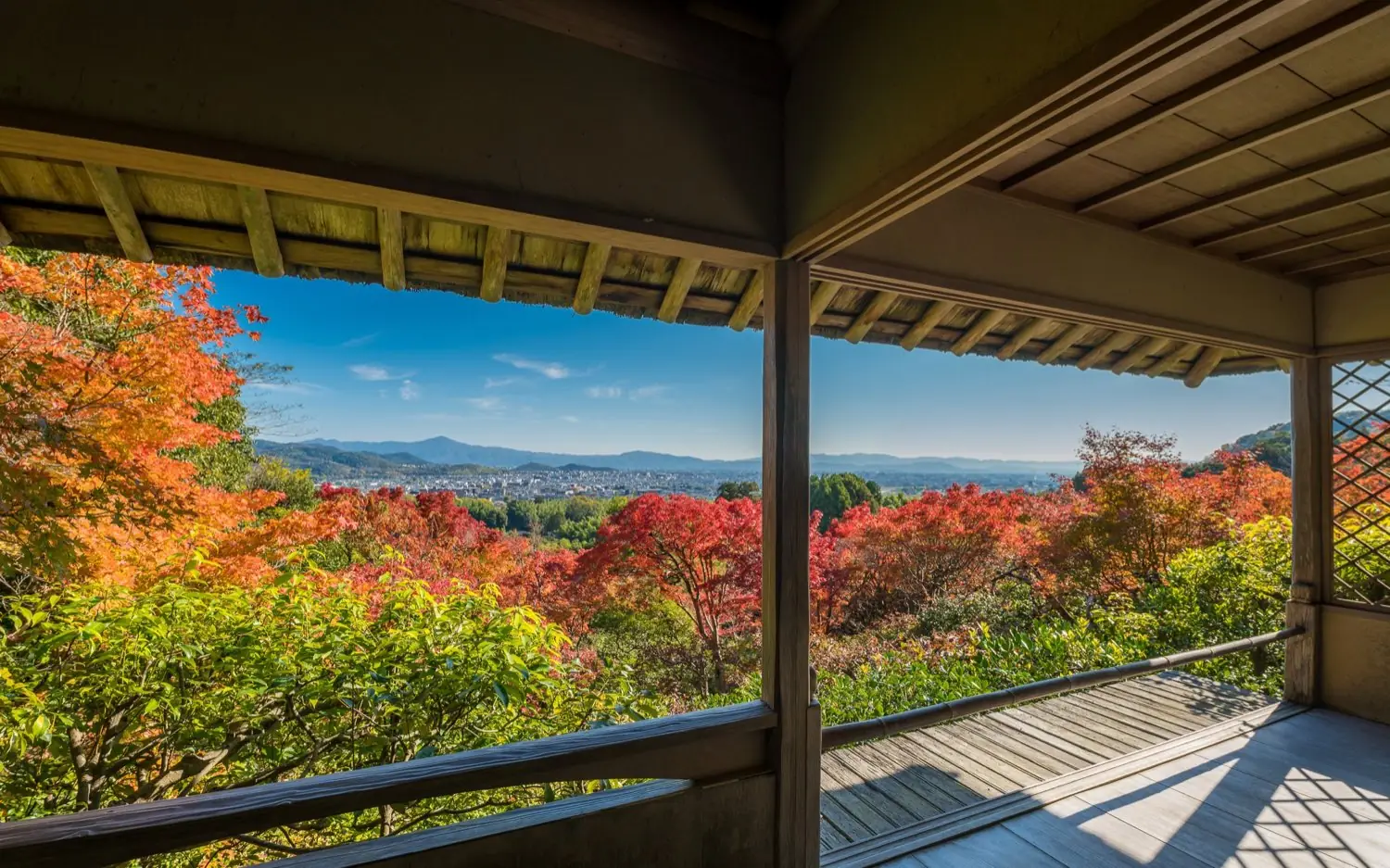 Kyoto and the autumn colours seen from the tea house at Okochi Sanso