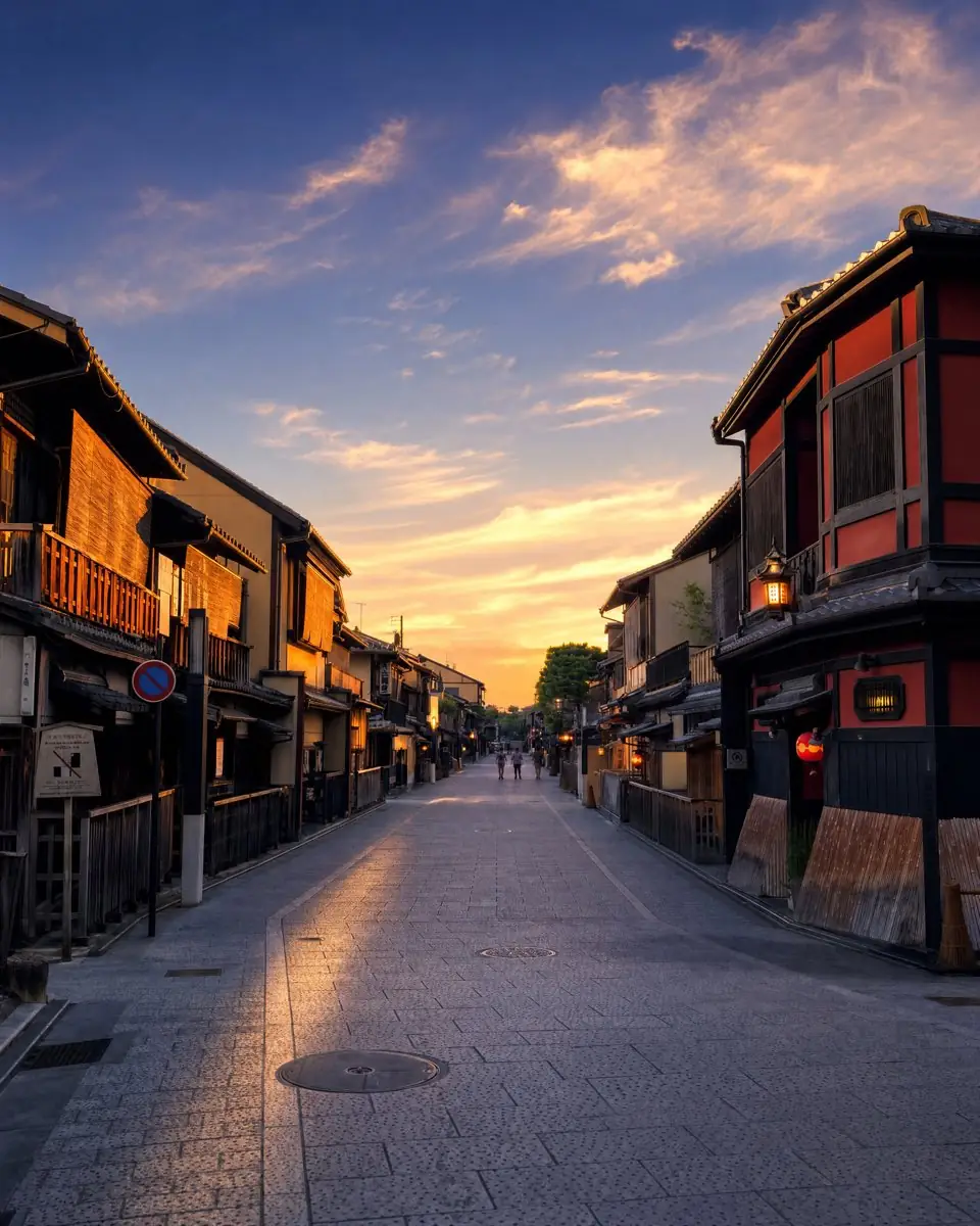 Townhouses along Hanamikoji at dusk