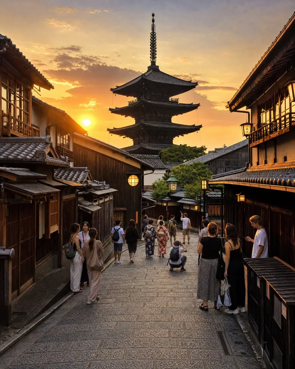 A five-storey pagoda and a stone-paved slope at dusk