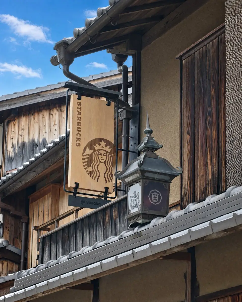The Starbucks sign inside a townhouse on Ninenzaka