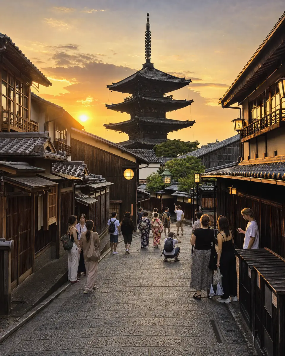 Yasaka Pagoda above a stone-paved lane at dusk