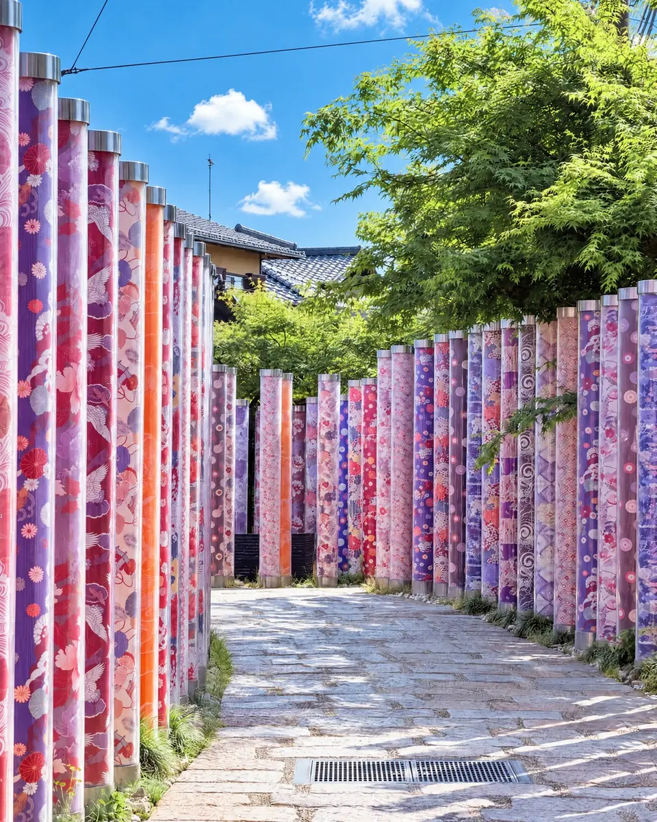 Pillars wrapped in Kyoto-dyed fabric at the Kimono Forest under a blue sky