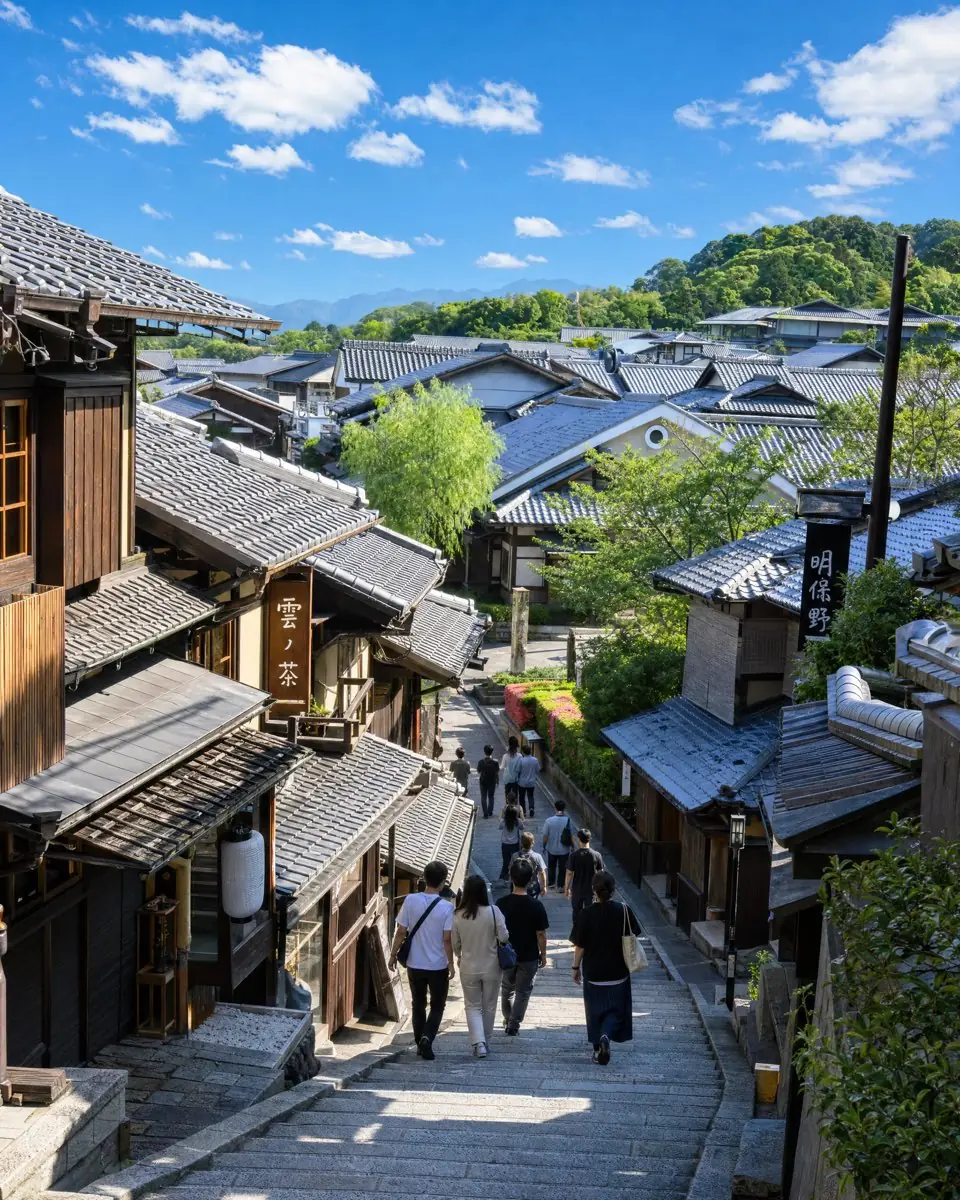 Wooden houses lining the stone steps of Sannenzaka