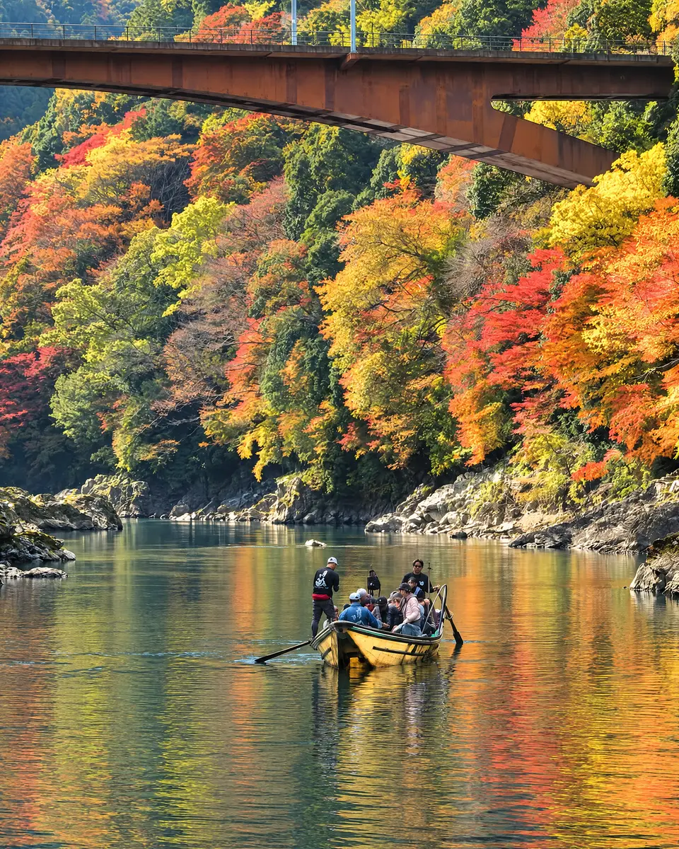 A wooden boat running the Hozu River gorge in autumn