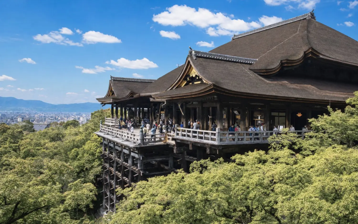 The wooden stage of Kiyomizu-dera on its frame of pillars