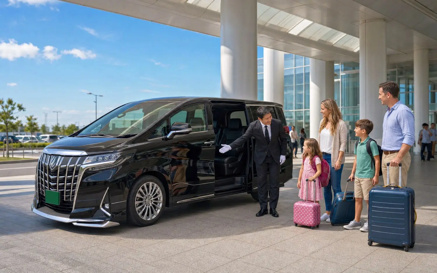 A family met by their private car at the airport