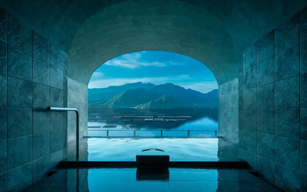 The open-air bath at Kai Miyajima looking out over the Seto Inland Sea