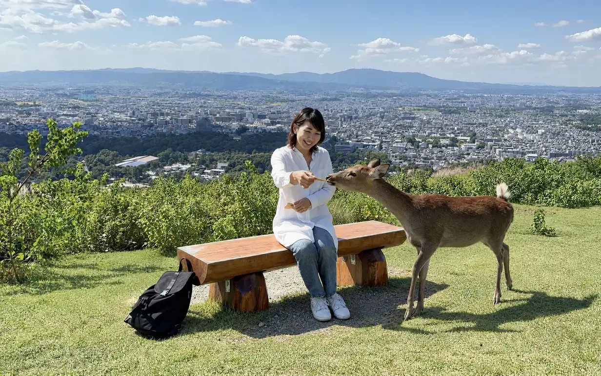 Hiroko feeding deer crackers on Mount Wakakusa