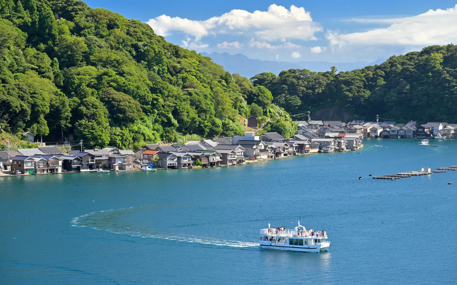 Boathouses and a cruise boat along the water in Ine