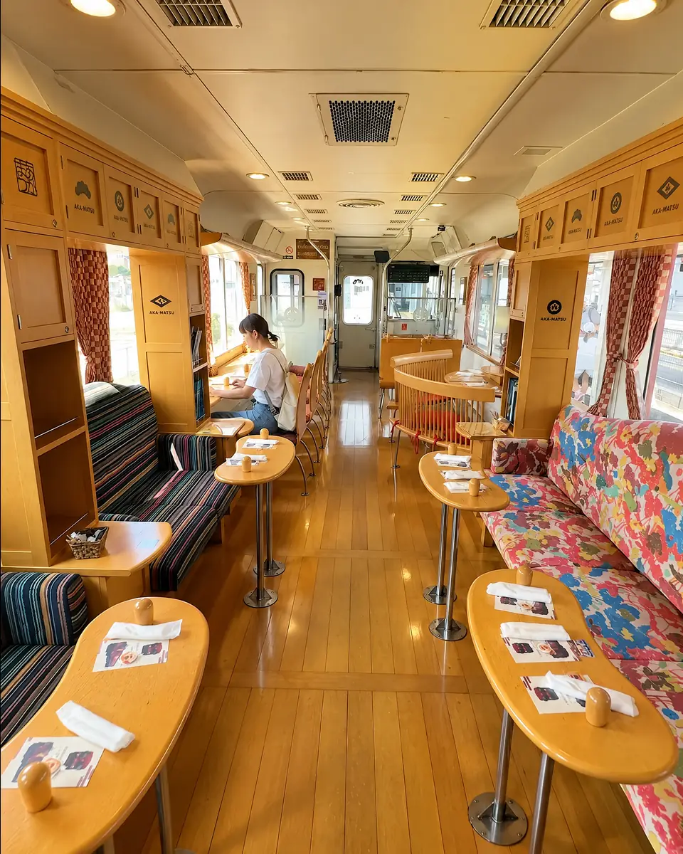The aisle and sofas inside the Tango Akamatsu train